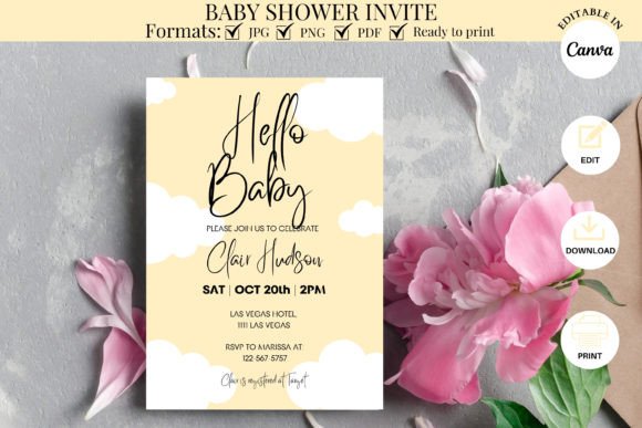 Charming Yellow Hello Baby Cloud Baby Shower Invitation
